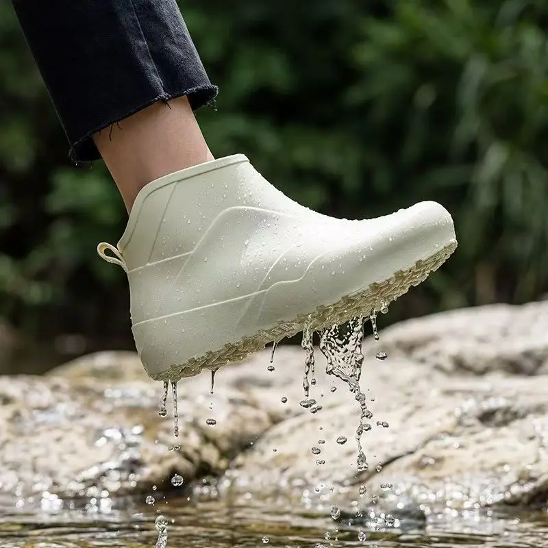 Spring Autumn New Men Flat Sole Ankle Rain Boots Thick Sole Round Toe Slip On Lovers High Top Waterproof Work Shoes Water Shoes