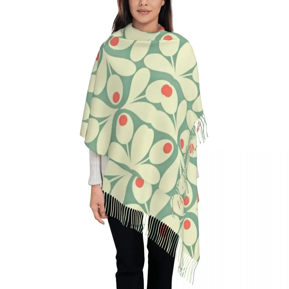 Female Large Orla Kiely Floral Scarves Women Winter Fall Thick Warm Tassel Shawl Wrap Flowers Abstract Scarf