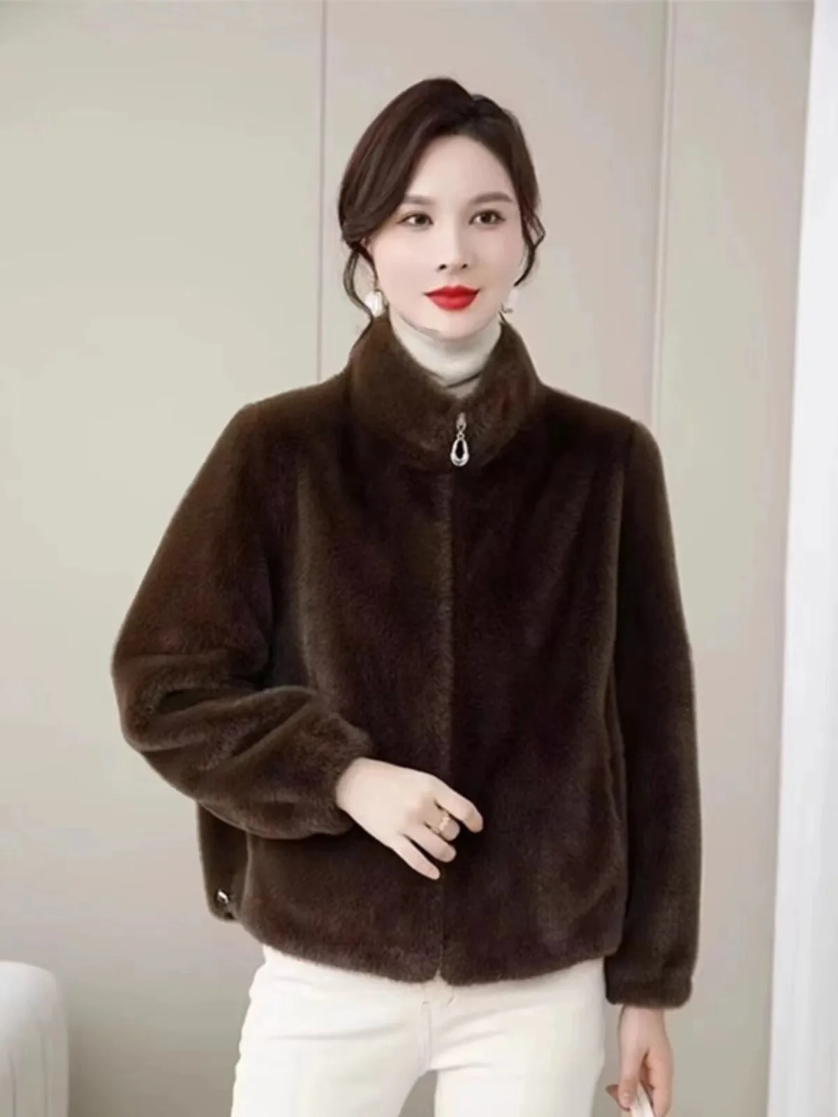 Damesjas van imitatiebont Dames Ochtendgestreept Ceremonievriendelijk Warm Veelzijdig Gewatteerd Lange mouwen Winddicht Gebreid Glanzend