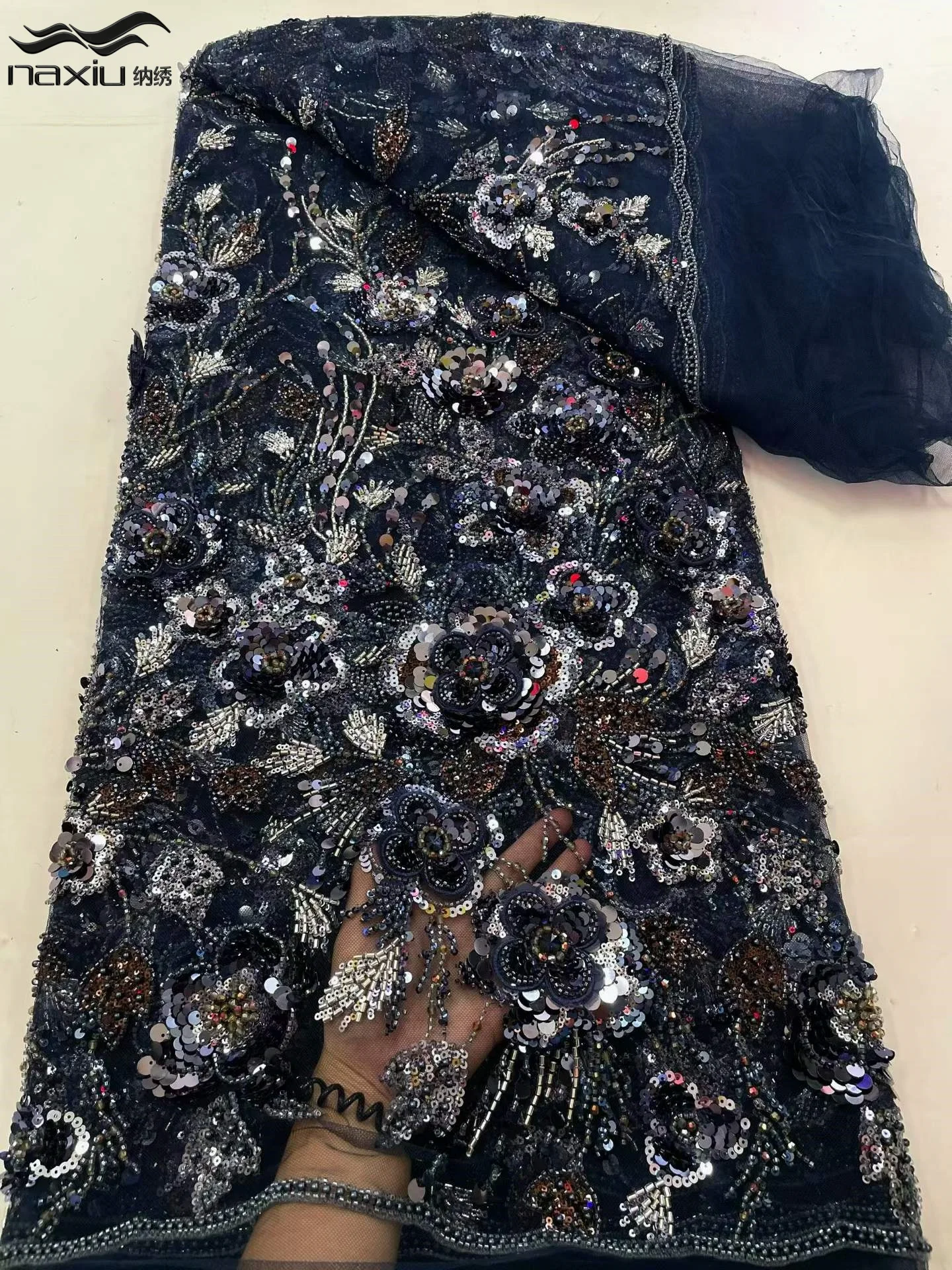 Madison High-End Luxury Elegant Handmade 5 Yards Embroidery Lace Fabric Nigerian French Sequins Beaded Lace For Wedding Dress