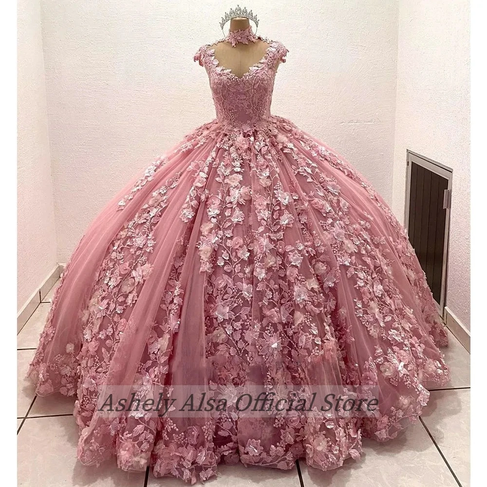 Aangepaste Roze Arabische Prom Jurken Sweet 16 Meisjes 3D Bloemen Sheer Back Verjaardagsfeestje Jurk Vestido De 15 VX Anos Quinceanera