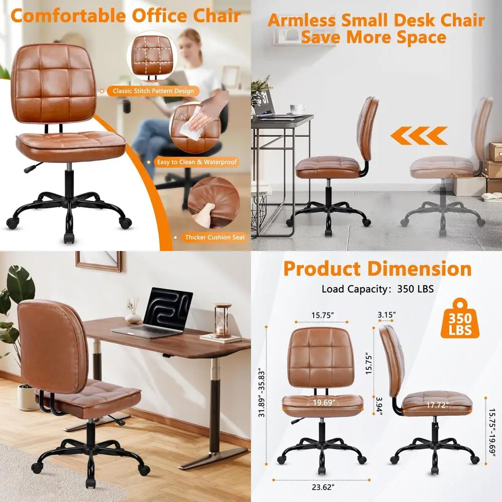 

Эргономичное офисное кресло из искусственной кожи с низкой спинкой, поясничной поддержкой и колесиками для домашнего офиса, коричневое