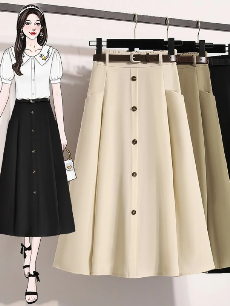 

Новая весенняя юбка-полусолнце для женщин: элегантная и универсальная, для офиса, с однорядной пуговицей, завышенной талией, А-силуэт, с поясом