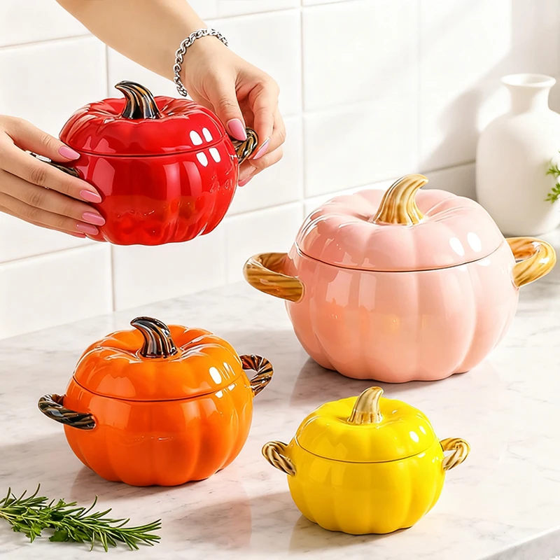 

Pumpkin-Shaped Ceramic Soup Bowl with Lid, Double-Handled Home Soup Pot, Bowl for Serving Soup & Cooking Noodles
