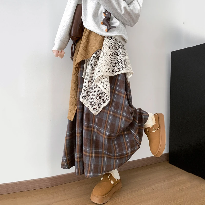 Design irregular rendas retalhos xadrez saias femininas 2025 moda cintura alta plissado saia longa mulher chique guarda-chuva saia feminina