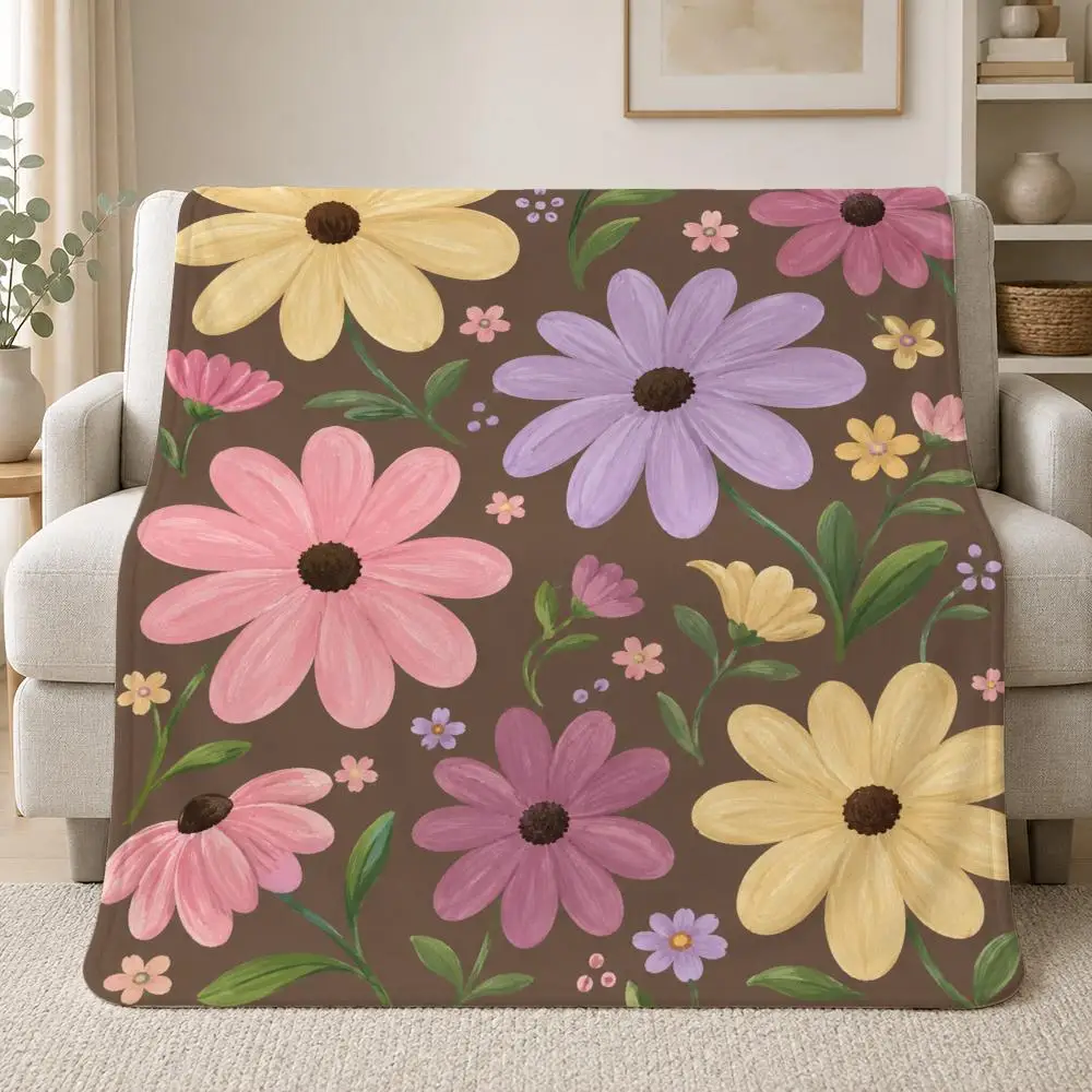 Beautiful Floral Pattern Hand-drawn Floral Throw Soft Plush Flannel Throw Blanket Sofa Bed Travel Home Decor