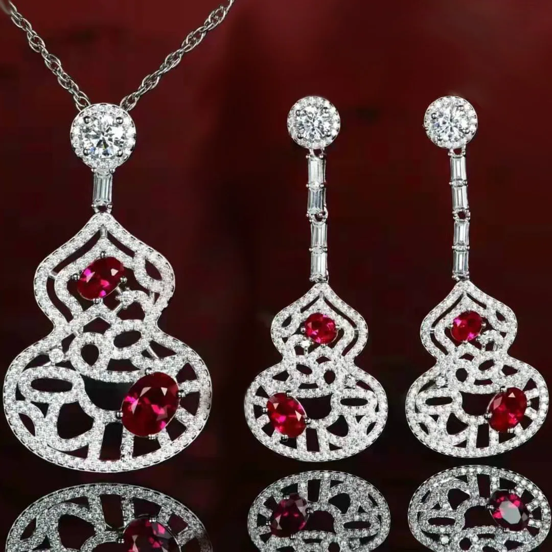 Light luxury ruby necklace color treasure earrings hollow pattern Flu red diamond gourd pendant simulation emerald set