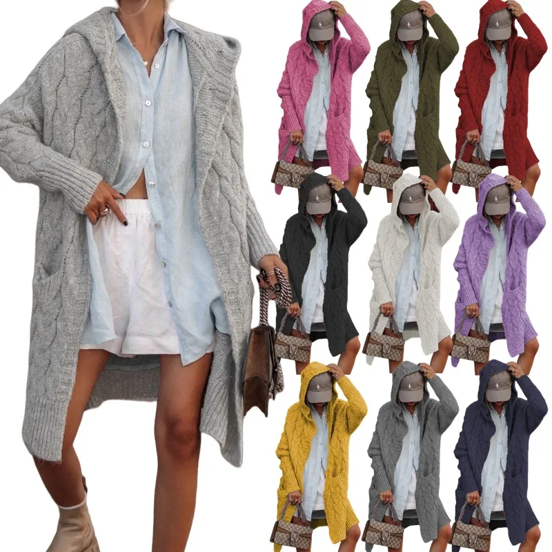 الخريف الشتاء طويل سترة مشغولة من الصوف النمط الأوروبي تويست قبعة قميص مفتوح سترة محبوك ملابس خارجية معطف