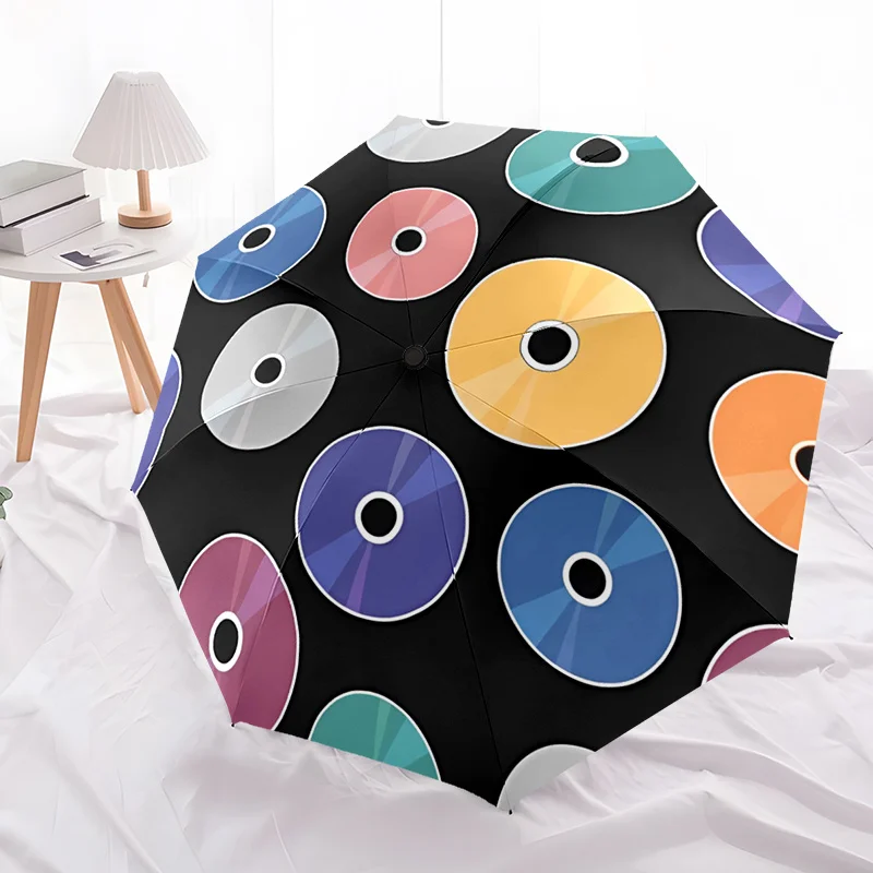 

1pc Colorful CD Pattern Automatic Folding Umbrella - Durable Iron Frame & Plastic Handle, 8-Rib Compact Design, Vibrant Multic