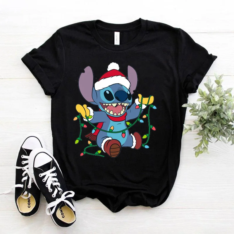 Kawaii عيد الميلاد Kawaii ليلو غرزة مضحك تي شيرت المرأة غرزة لطيف مانغا تي شيرت Y2k الجرافيك التي شيرت الشارع الشهير تي شيرت الإناث #2