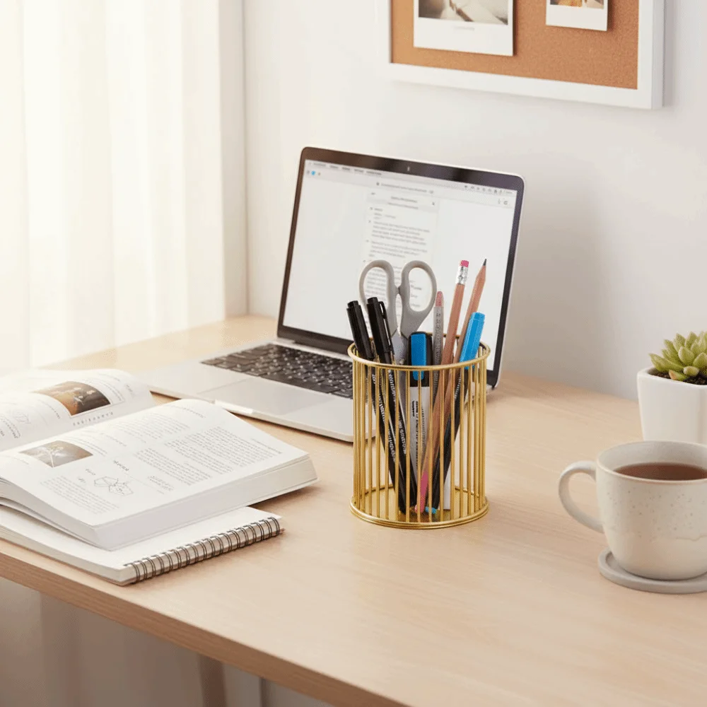Metal Material Pen Holder Hollow Out Design Gold Color Pencil Organizer Rose Gold Cylindrical Shape Desktop Organizer