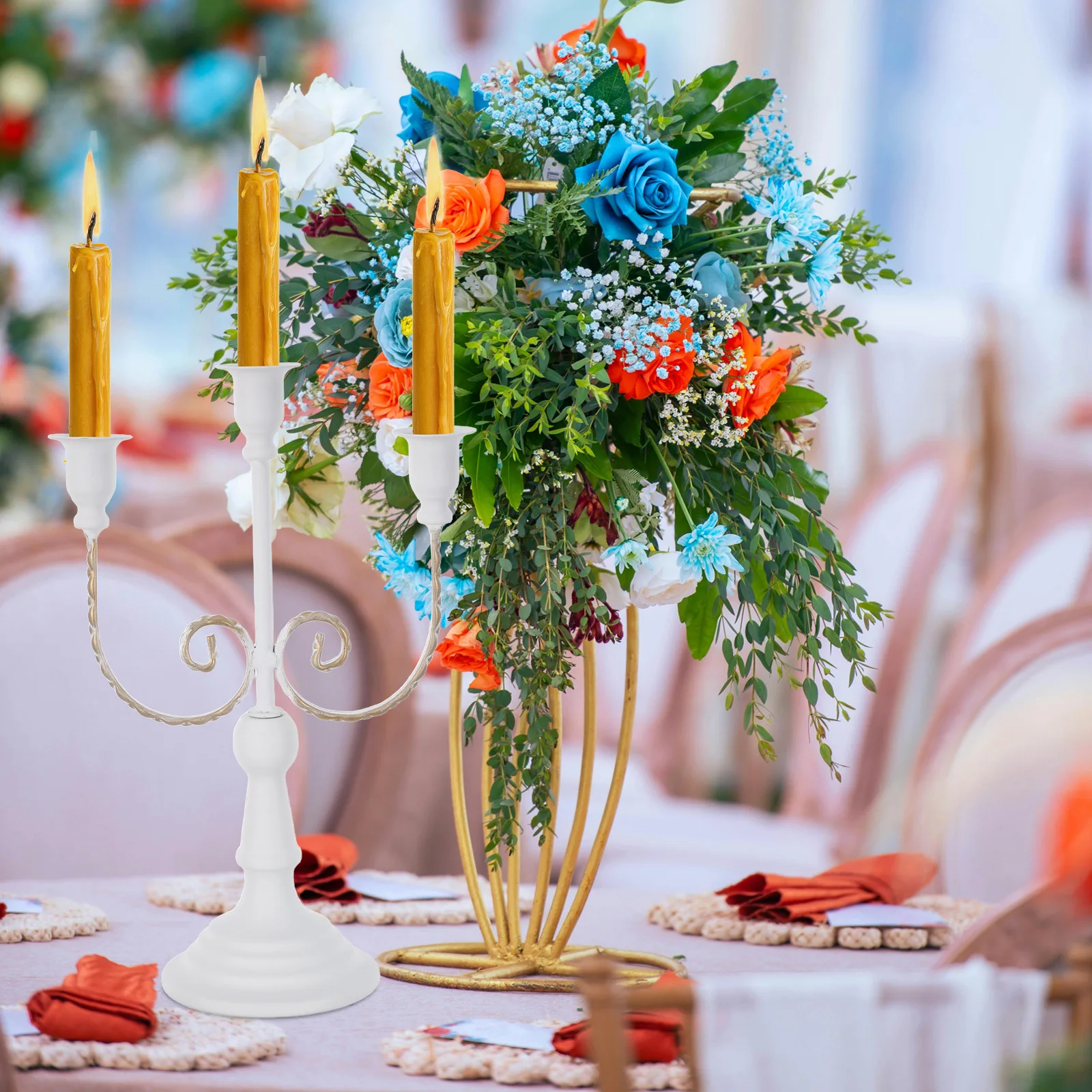 

Iron Art Candelabrum 3-Arms European Style Stand Vintage Home Tabletop Ornament Multi-Head Design Metal Candlestick