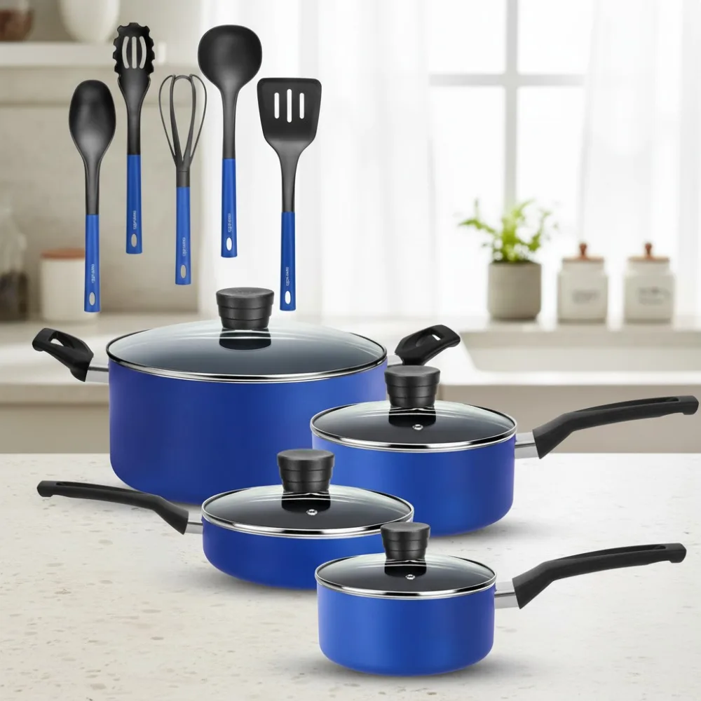 

Набор посуды с антипригарным покрытием из 15 предметов с крышками и посудой — термостойкий, можно мыть в посудомоечной машине для семейной кухни