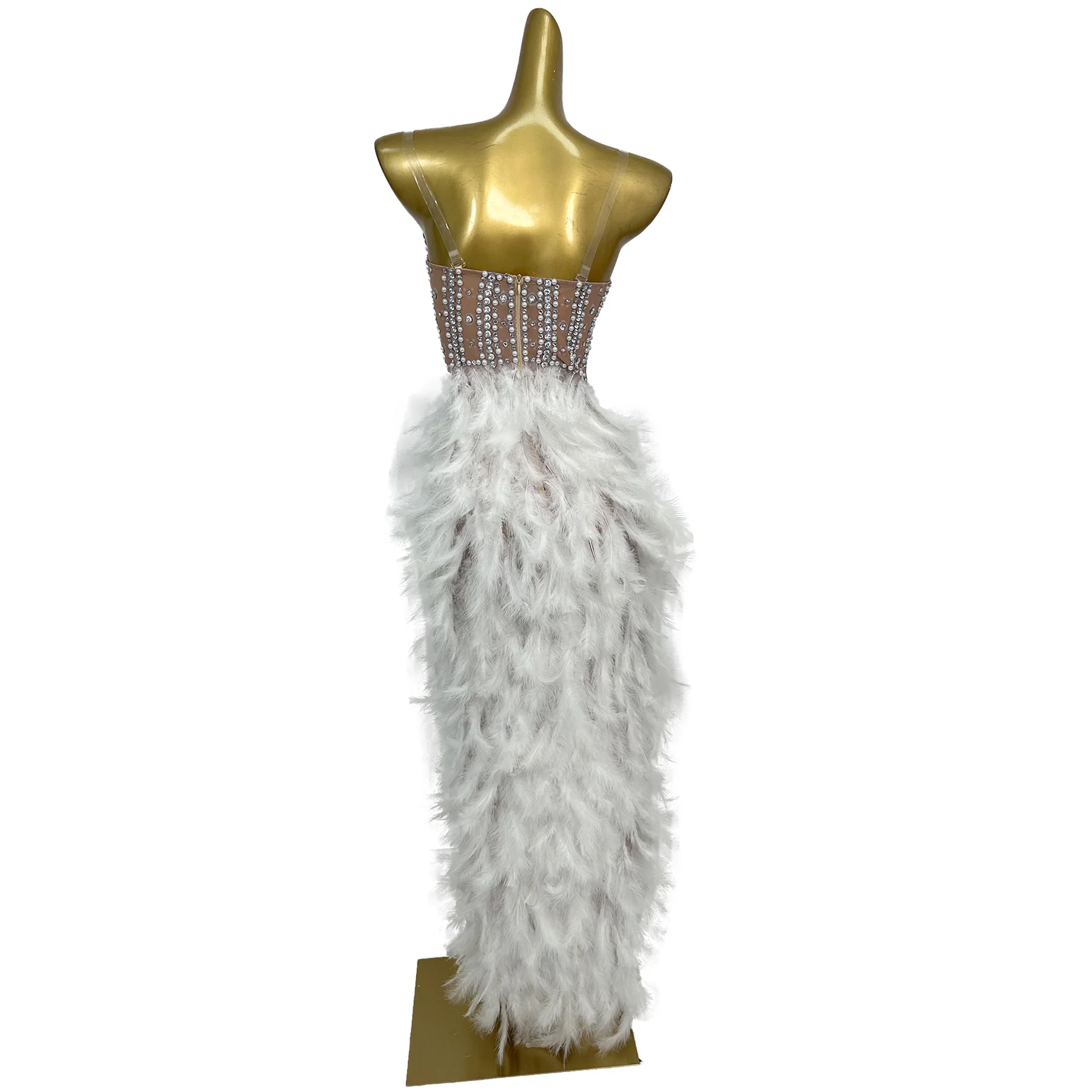 Yumao Fashion Women Rhinestone Dress Sexy Mesh Splicing Feather Slit Dress Stage Performance Dress Birthday Christmas Prom Gowns