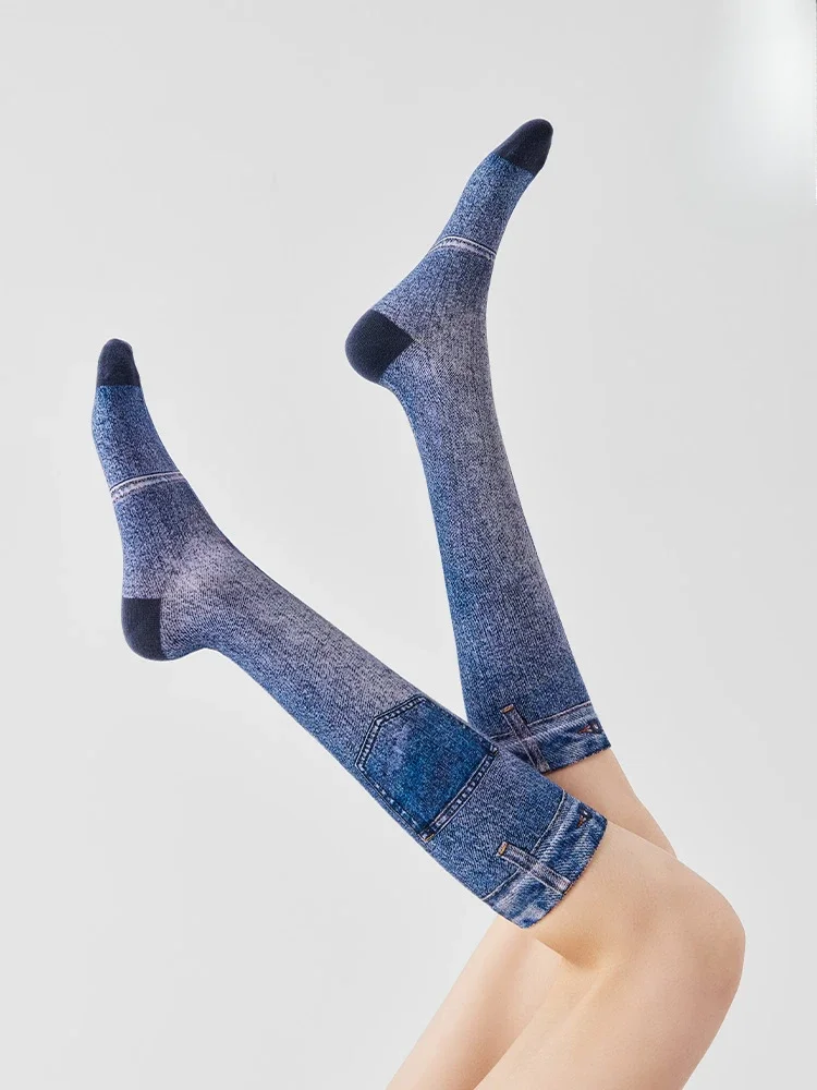 Denim optical illusion calf socks terry women's Japanese thin stockings ins tide autumn a line