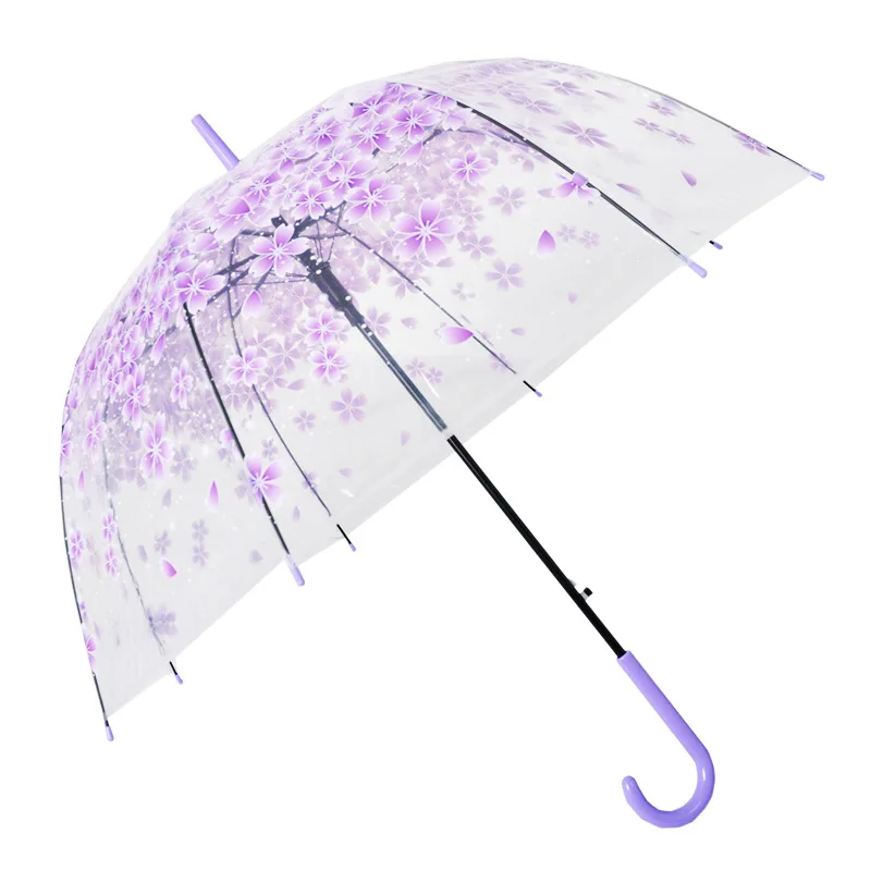 Transparent umbrella printed vfor women, sunny umbrella, straight pole, arched hook