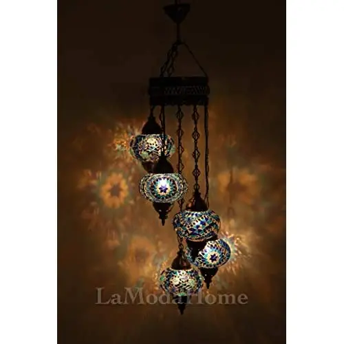 LaModaHome 40 + Unique Colors, 2020 Customizable Chandelier 5 Globes + Free 5 Bulbs, stunning Mosaic Turkish Lamp Moroccan Light