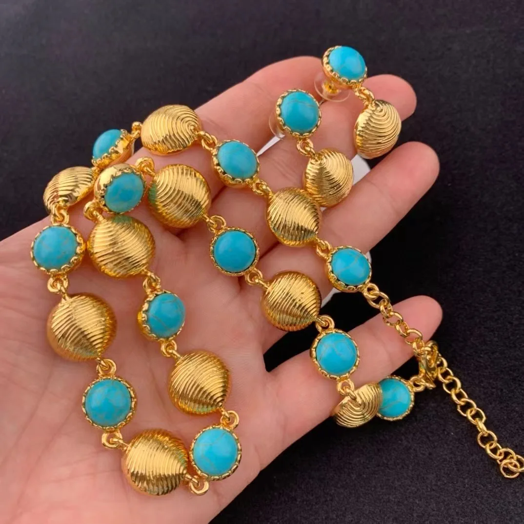 Collier en cuivre plaqué or avec turquoise pour femme, tour de cou tempérament vintage, boucles d'oreilles bijoux, cadeau de fête pour fille, vente en gros