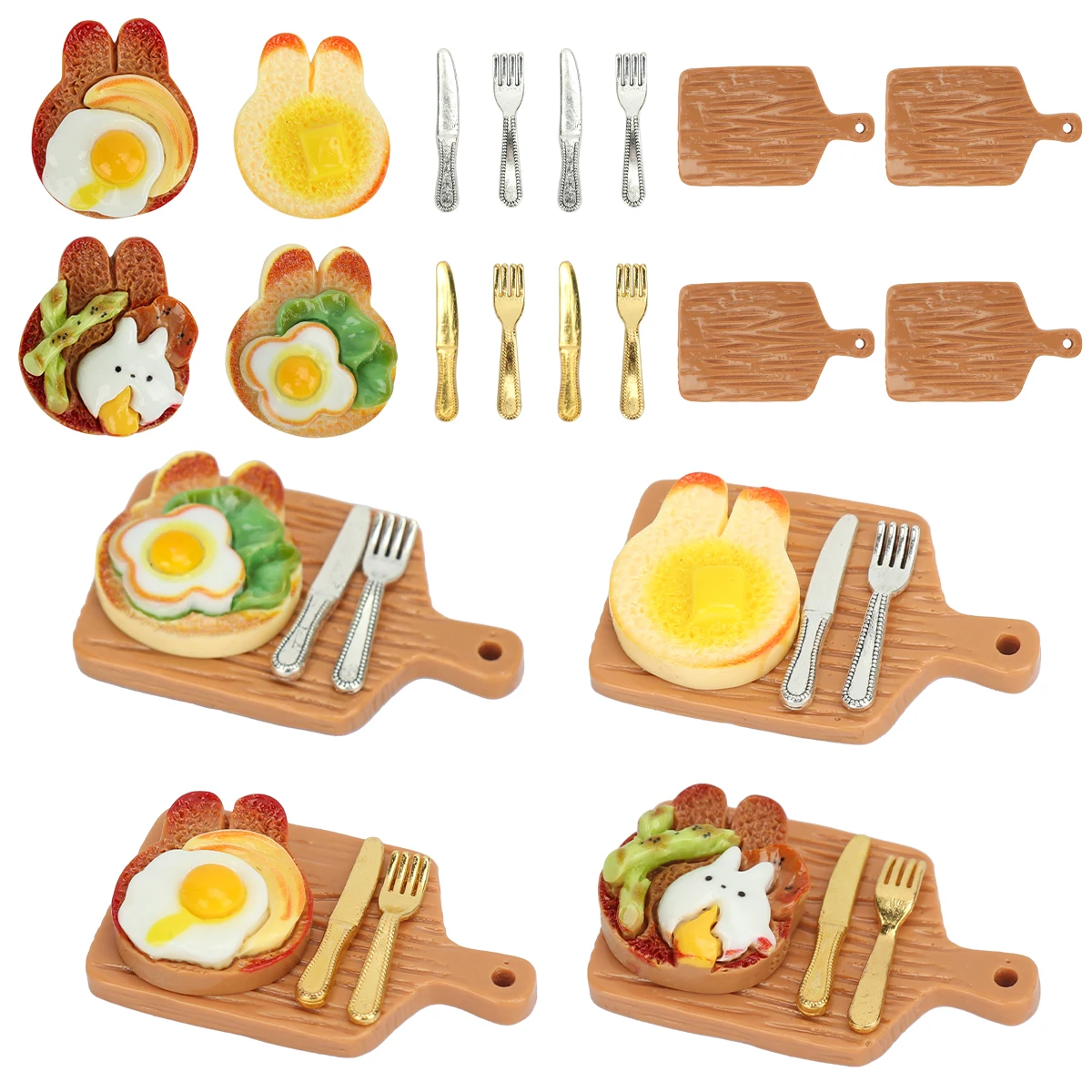 

16pcs Simulation Food Play Rabbit Cheese Fried Egg Toast Tray Mini Knife And Fork Set Miniature Scene Doll House Decoration