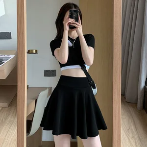 Female Elastic Plisada Mini-Saia, High Waist, Tennis Uniform, Korean, Black, School Girl, Sun, Summer Fashion, Sexy 8 Main Sales Blue Skirt - №7