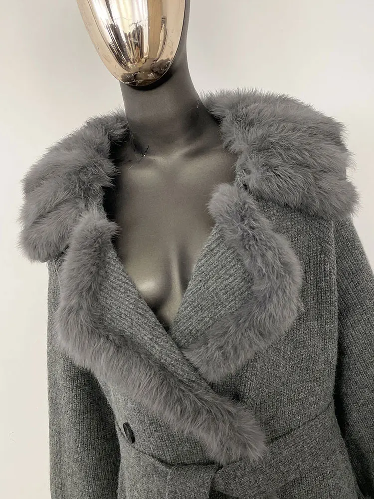 Real Fox Fur Sweater Women Clothing Long Belt Button Knitwear Female 2025 New Spring Autumn Oversized Knitted Cardigan