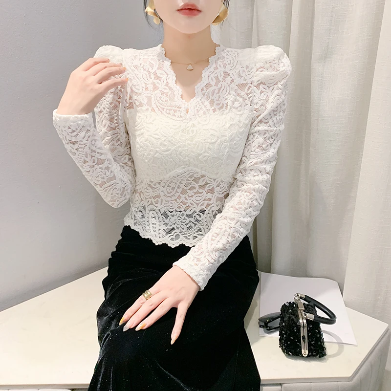 Black,Korean,Style,Fall,Winter,Thick,T-shirt,Fashion,Sexy,V-Neck,Lace,Figured cloth,Women,Tops,Long Sleeve,Tees,2025,New,4120303