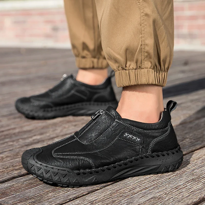 خمر نمط جودة انقسام أحذية من الجلد الرجال حذاء كاجوال اليدوية المتسكعون مريحة رجالي حذاء للسير مسافات طويلة الانزلاق على الأخفاف المسطحة #3