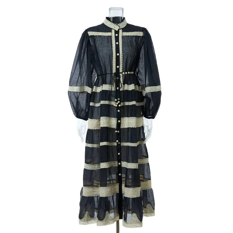   レースパッチワークランタンスカート、ストライプ柄、ハイウエスト、Aライン、ミディ丈、秋の女性用カジュアルウェア