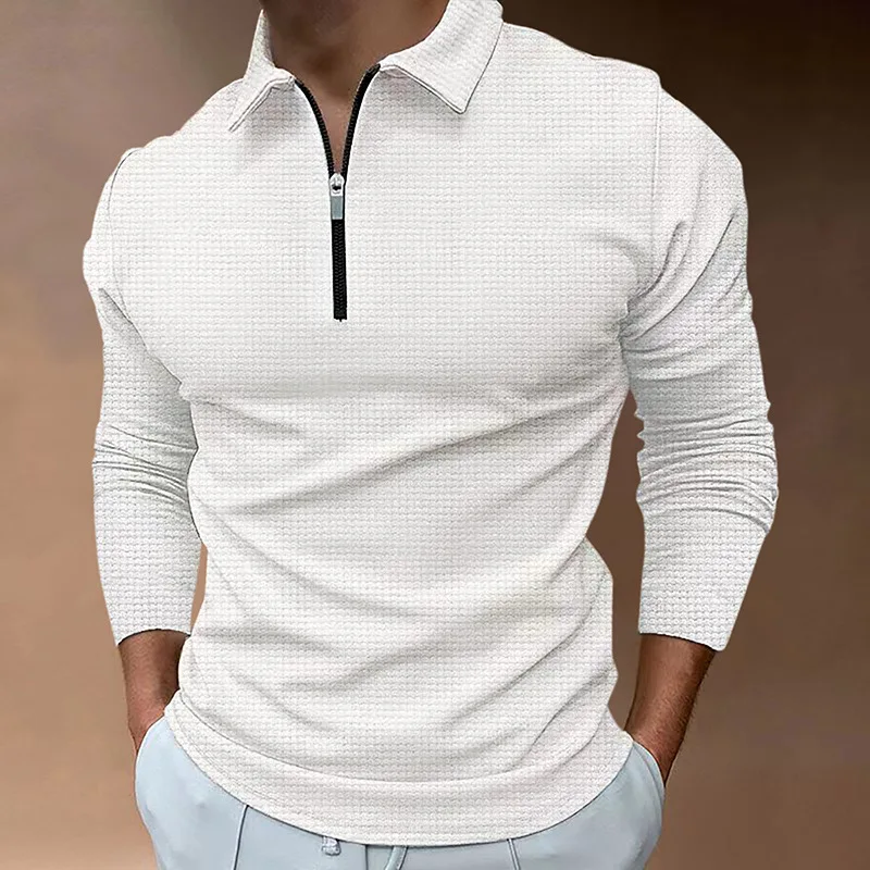 2024 European and American Style Zipper POLO Shirt Men's Walf Checks Fabric Casual Plus Size Lapels Long Sleeve T-shirt