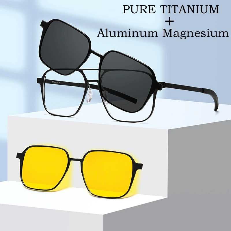 YIMARUILI Pilot Polarized Magnetic Clip On Glasses Pure Titanium Double Beam Optical Prescription Eyeglasses Frame Men and Women