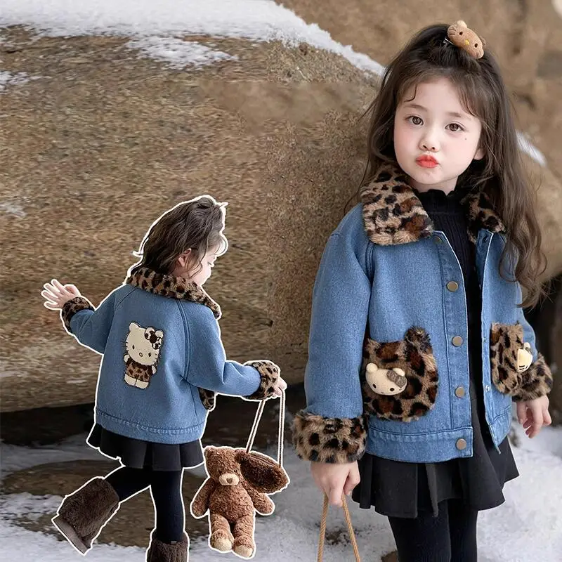

Sanrio Hello Kitty Thicken Cowboy Coat Girl Autumn Winter Leopard Print Tops Child Kawaii Anime Cartoon Fashion Casual Clothing