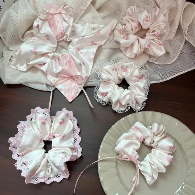 Ladies Nice Scrunchies Floral Pink Small Bowel Hairband Girl's Hair Accessories Sweet Style Kawaii Hair Accessories For Girls