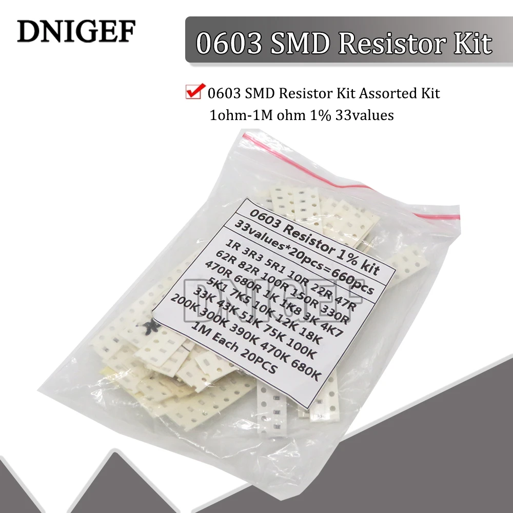 0603 SMD Resistor Kit Assorted Kit 1ohm-1M ohm 1% 33valuesX 20PCS=660PCS Sample Kit