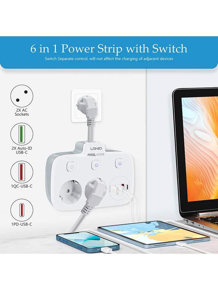 Power Strip with USB Socket Adapter 240V/16A with Single Switch Multiple Socket Short Cable and 4 USB for Safety lock for Home