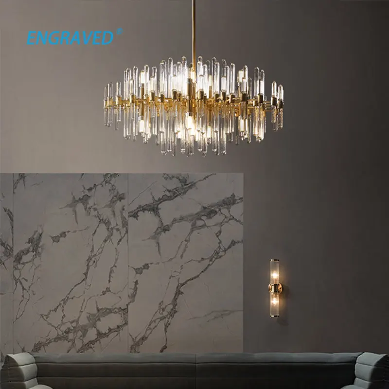 

ENGRAVED Post-modern Light Luxury Design Style High Transparent Crystal Glass Chandelier Bedroom Living Room Hotel Lobby