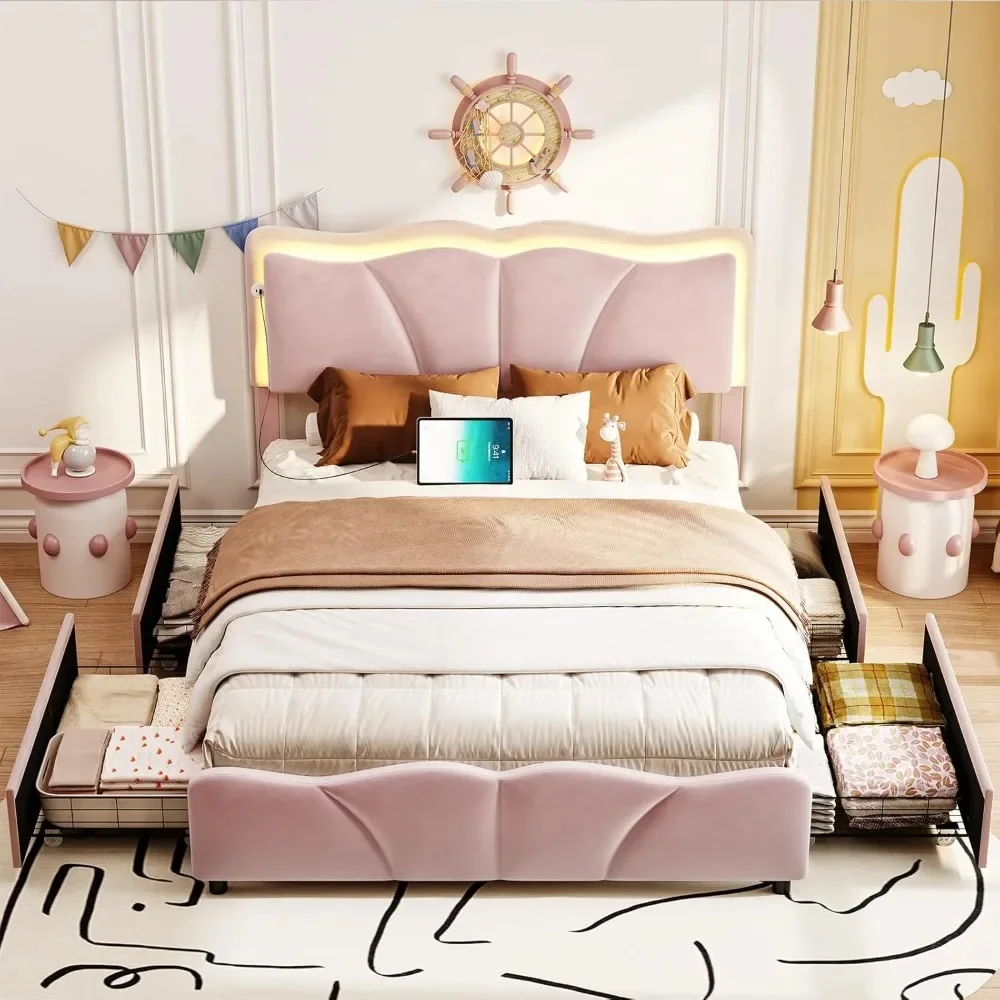 

Upholstered Led Flower Bed with Adjustable Headboard, Charging Station, Full Bed Frame with 4 Storage Drawers & Charging Station