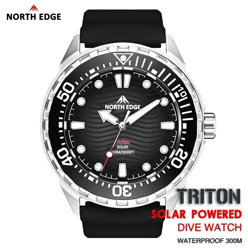 NORTH EDGE 2027 New TRITON Solar Powered Dive Watch Men Luxury Quartz Watches For Men 316L Stainless Steel Case Waterproof 300M