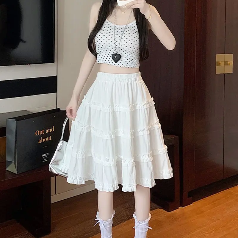 여름 미디 기장 볼 가운 블랙 스커트 여성 캐주얼 한국 스타일 Y2k 의류 빈티지 슬림 여성 주름 A라인 화이트 스커트