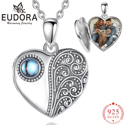 Eudora 925 Sterling Silver Heart Necklace Round Moonstone Photo Frame Box Pendant Exquisite Jewelry Couple Commemorative Gift