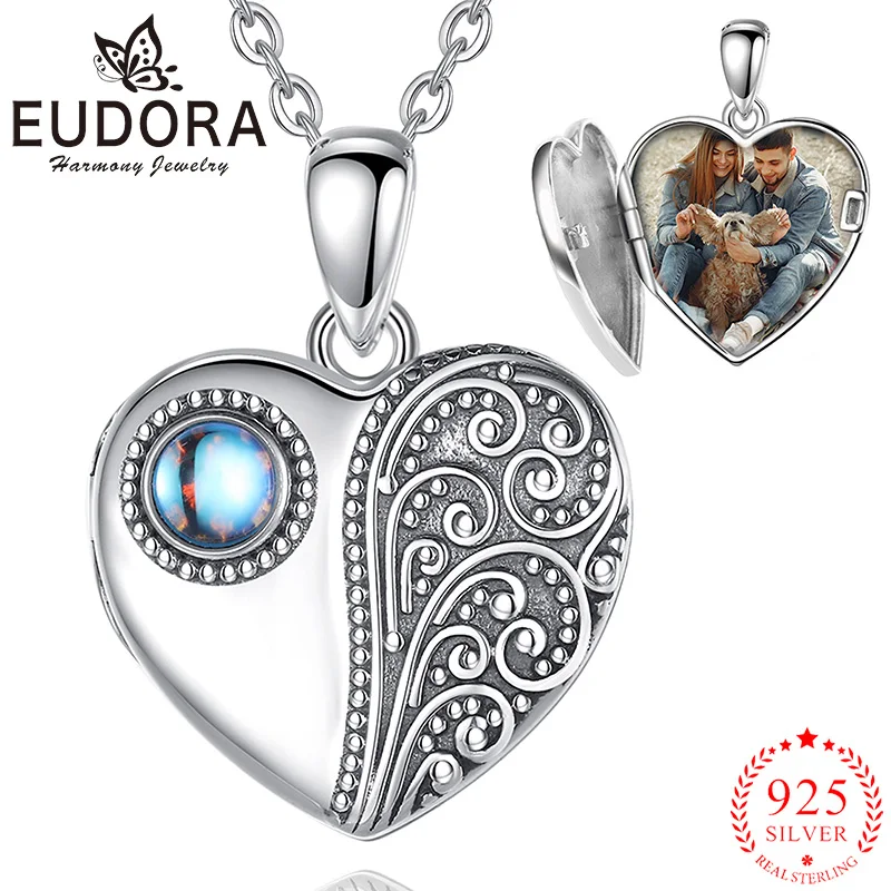 Eudora 925 Sterling Silver Heart Necklace Round Moonstone Photo Frame Box Pendant Exquisite Jewelry Couple Commemorative Gift