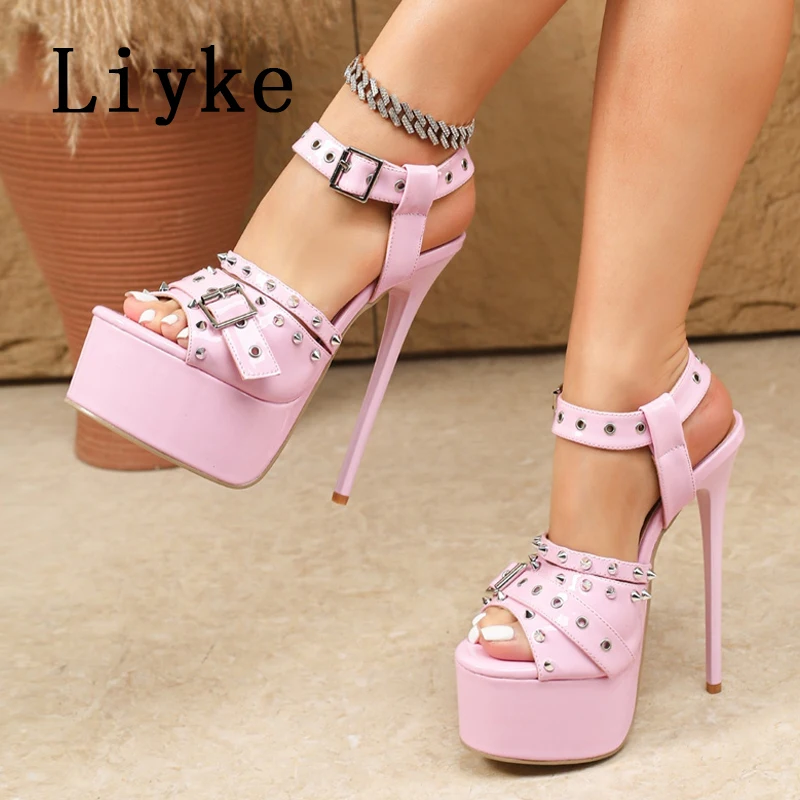

Модные женские босоножки Liyke на платформе с вырезами и заклепками, сексуальные туфли на высоком каблуке 16 см для свадьбы, вечеринок и ночных клубов