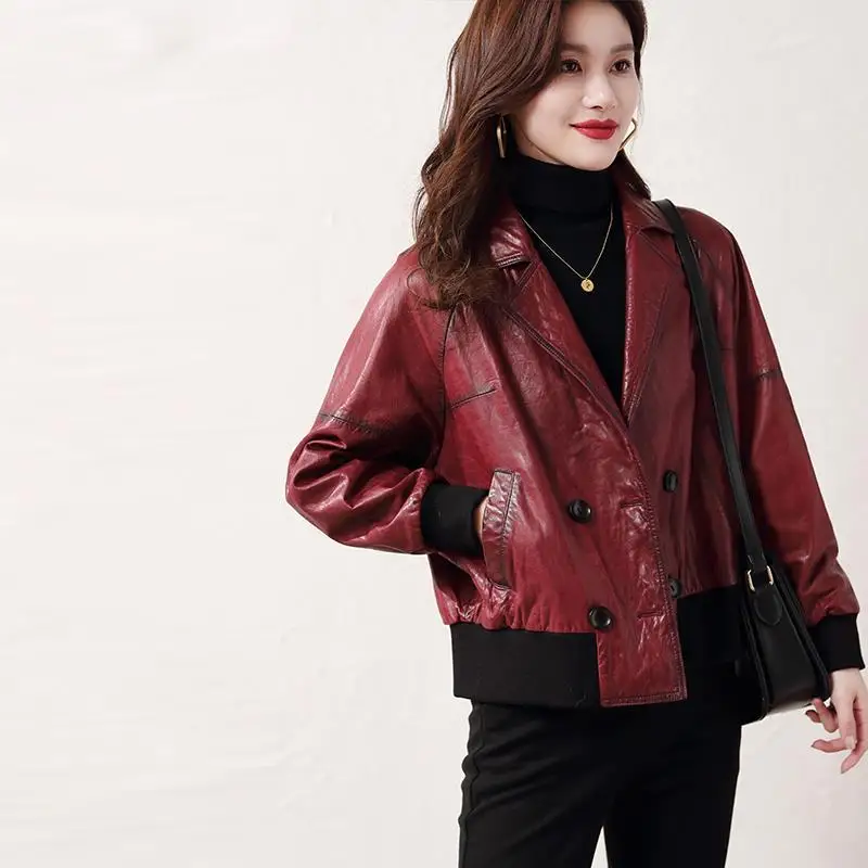 Women\'s Leather Jacket Suit Collar Double Breasted Burgundy Oil Wax Cow Leather Baseball Uniform Short Coat Giacca Pelle Donna