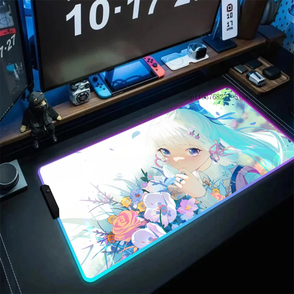 Genshin Impact Ayaka Kamisato Mousepad XXL RGB Gaming Mouse Pads HD Black Gamer Accessories Large LED