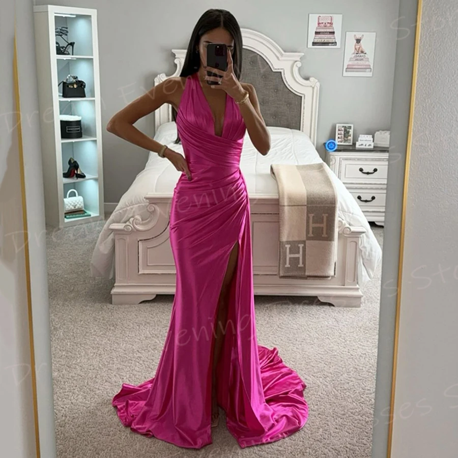 Simple Elegant Mermaid Generous Women's Evening Dresses Charming Halter Neck Sleeveless Prom Gowns Sexy Side Split Abiye Elbise