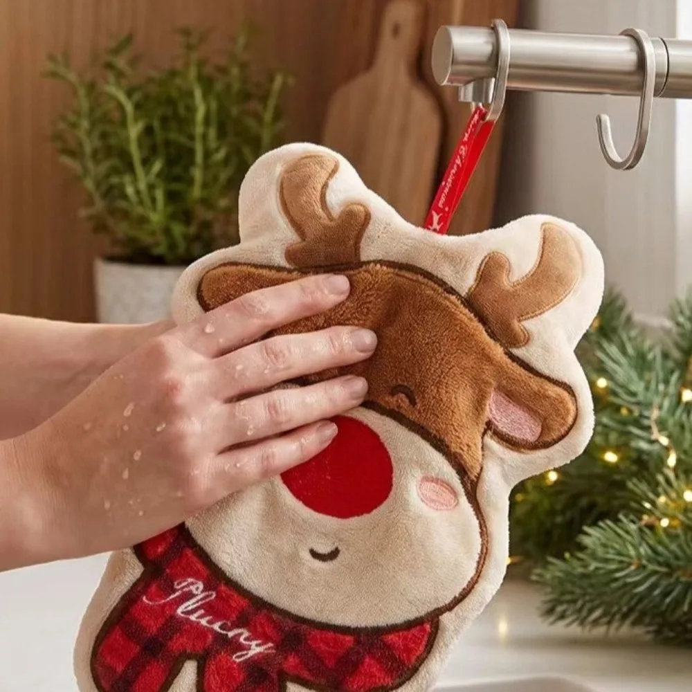 Cute Coral Velvet Coral Fleece Hand Towels Polyester Soft Hanging Bathroom Towel Snowman Super Absorbent Dish Towel Daily Use