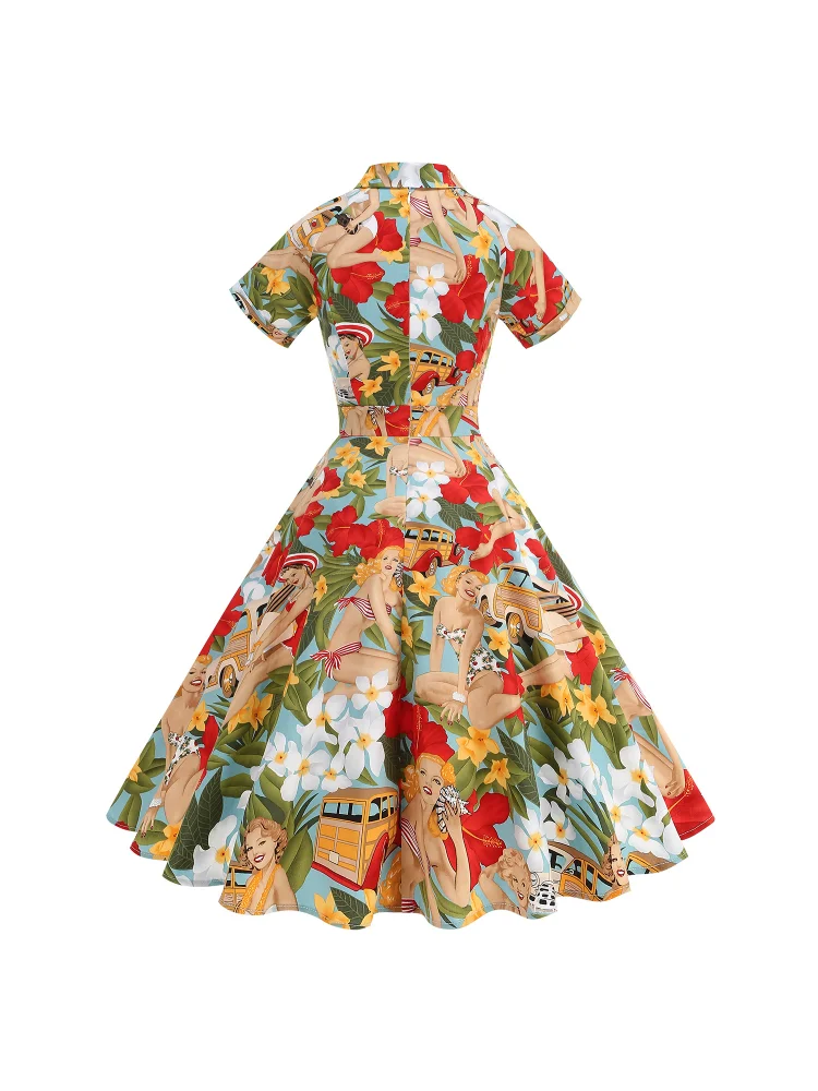 Années 1950 fille américaine rétro peinture à l'huile imprimé à manches courtes mode animé élégant dame floral danse fête vacances robe de voyage