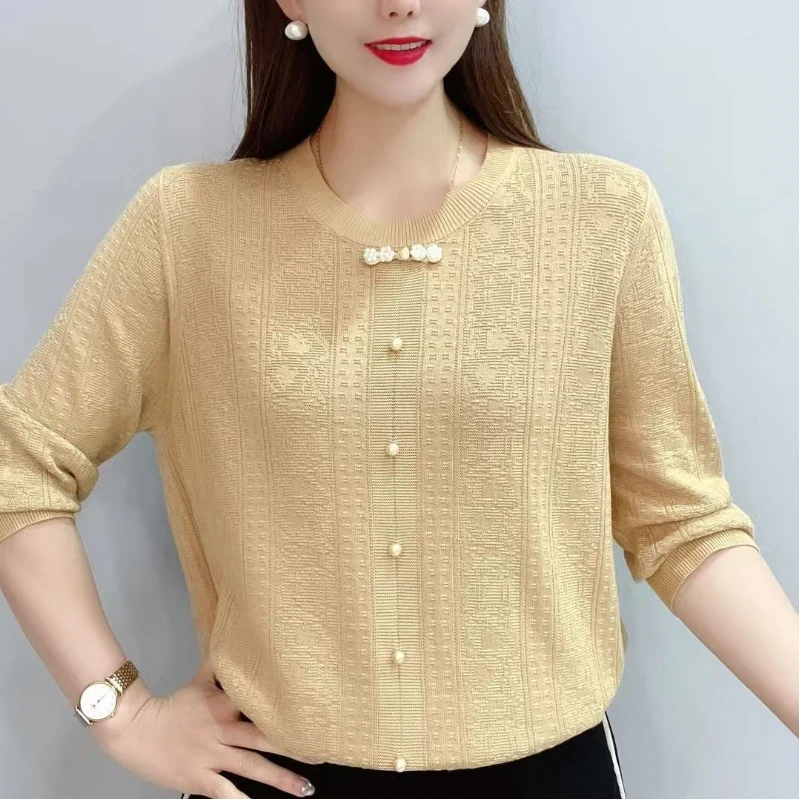 Chinese Style Solid Color Ice Silk Autumn Retro Floral Knitted Sweater to Reduce Age and Cover the Flesh Mother Breathable Top