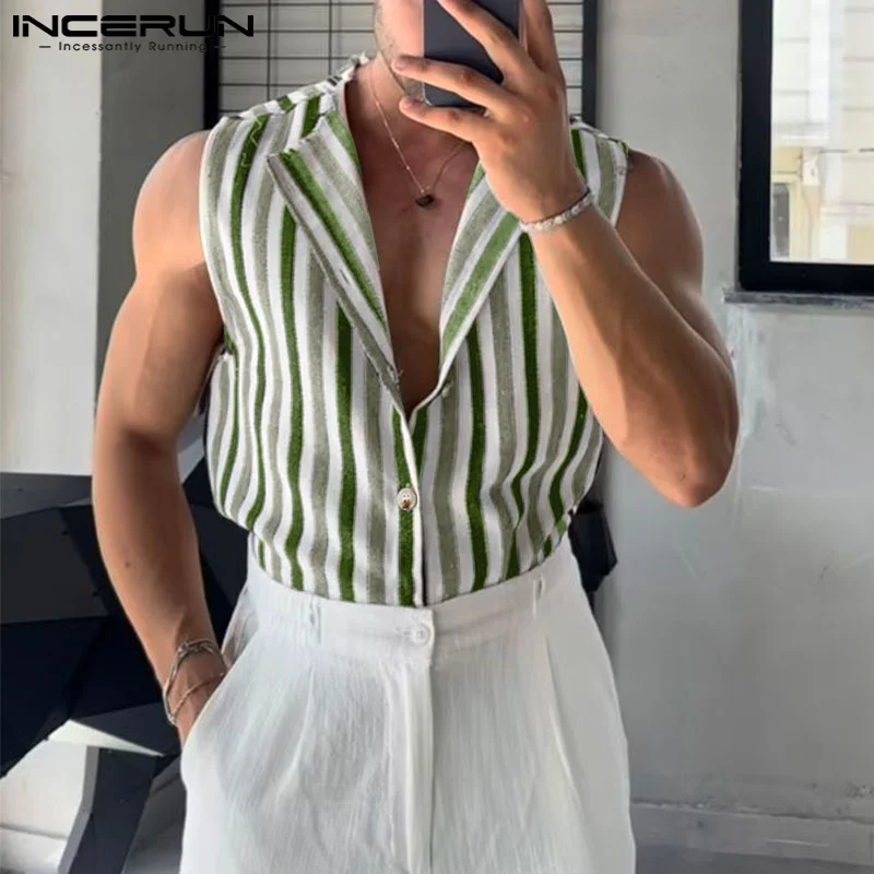 

Мужская рубашка в полоску на пуговицах без рукавов INCERUN, повседневные мужские жилеты, уличная одежда, мода 2025 года, мужская одежда для отдыха, S-5XL, лето