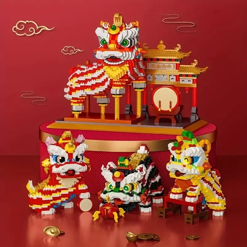 Dance Lion Building Blocks Set Micro Mini Building Blocks Traditional Chinese Dancing Lion Toys for Adults & Kids Christmas Gift