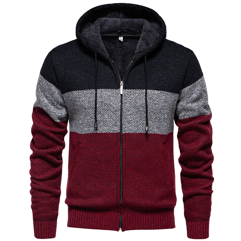 

Men's Thickened Autumn and Winter Color Matching Cardigan Jacket Sweater Hooded Zipper Knitted Sweater